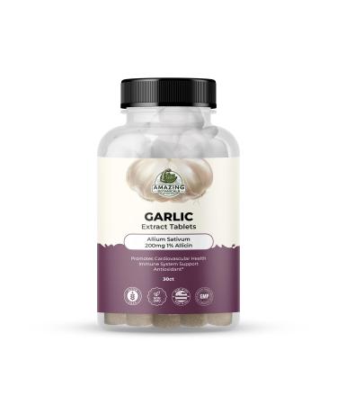 Amazing Botanicals Garlic Extract Tablets - Allium Sativum 200mg 1% Allicin - High Potency Herbal Supplement for Wellness and Vitality - 30 Count