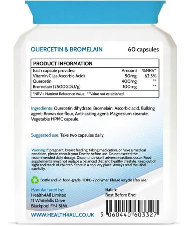 Health4All Quercetin 400mg + Bromelain 100mg Capsules - Natural Antihistamine & Vegan Immune Support (60 Count) - Buy Online on GoSupps.com