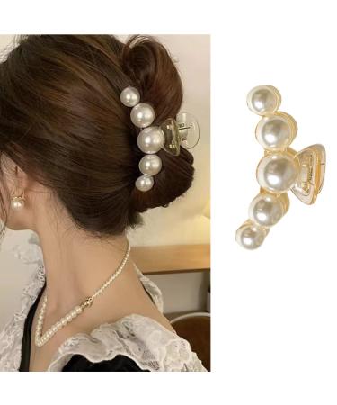 Pearl Hair Claw Elegant Big Pearl Hair Claw Clips for Women and Girls Geometric Pearl Rhinestone Strong Non-Slip Hold Hair Jaw White Acetate Hair Claws Clips Accessories for Thick and Thin Hair