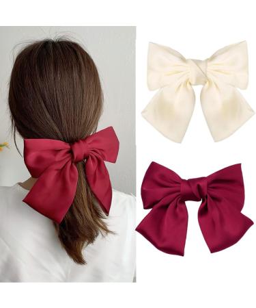 Hair Bows for Women - Bows for Hair Black Hair Ribbons for girls (Cream/Red)
