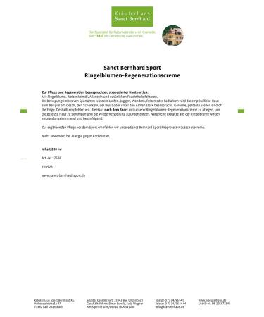 Sanct Bernhard Sport Ringleflower Regeneration Cream 200ml | Anti-Inflammatory & Soothing Full Body Cream | Natural Extracts | German Quality Tested | International Shipping Available - Buy Online on GoSupps.com