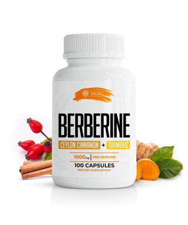 SIRUNES Berberine Capsules Ceylon Cinnamon & Turmeric - Berberine HCL Dietary Supplement for Men and Women  Non GMO Berberine 1000mg  Ideal for Immune Support Heart Cholesterol Level
