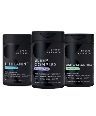 Sports Research Sleep Complex Melatonin-Free Vegan Capsules Double Strength L-Theanine Supplement for Focus Relaxation & Alertness and Ashwagandha Softgels for Relaxation Calm & Sleep Support