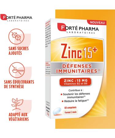 Fort Pharma Zinc 15+ | Zinc Bisglycinate 15 mg + Vitamins B2 & B6 - Anti Fatigue - Zinc Dietary Supplement Immune Defenses Maximum Dosage | 60 tablets 1/day 2 months - Buy Online on GoSupps.com
