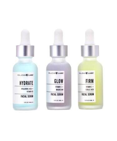 Valjean Labs Facial Serum Combo Pack of Hydrate Glow and Firm | Supercharged Targeted Skincare Ingredients | Paraben Free Cruelty Free Made in USA (1oz Bottles) 1 Fl Oz (Pack of 3)