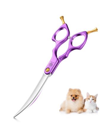 Purple Dragon 6 inch dog cups bent for dogs and cat grooming scissors with ultra -light space Aluminum handle jp 440c steel professional fur shear dogs for dog hairdressers and beginners purple 6 "