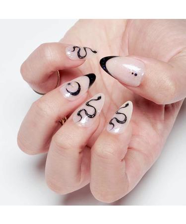 White French Tip Press-On Nails - Gothic Almond Acrylic False Nail Kit with Snake Design | 24Pcs C5-French - Buy Online on GoSupps.com