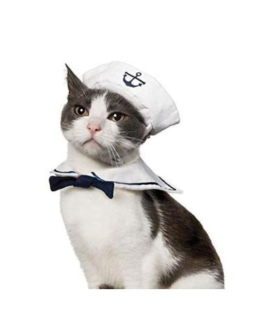 NAMSAN Pet Sailor Costume for Cats Small Dogs Halloween Cat Sailor Hat with Tie Collar Doggy Navy Outfit Cosplay Apparel
