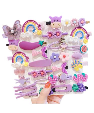 28 pieces of sweet hair clips fashionable hair accessories for girls flowers fruits colorful rainbow sweets desserts cute animal hair-clock set non-slip metal pressure buttons (purple)
