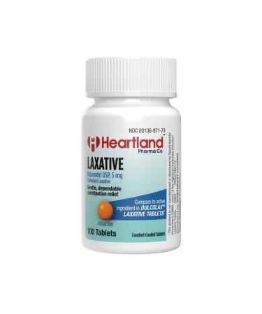 Heartland Pharma Bisacodyl 5mg EC Overnight Relief Laxative Tablet - Made in USA - (100 Count) Laxative 100 Count (Pack of 1)
