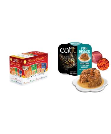 Catit Divine Shreds Wet Cat Food Toppers Chicken Multipack + Catit Fish Dinner with Tuna & Carrots Pet Food+ Catit Fish Dinner