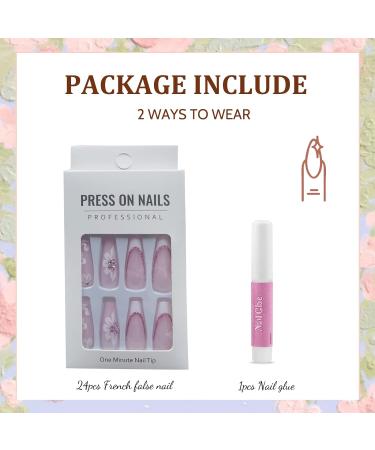 French Long Coffin False Nails - 24Pcs Pink with Flower Glitter | Press On Nails for Women | Glue-On Ballerina Nail Tips - Buy Online on GoSupps.com
