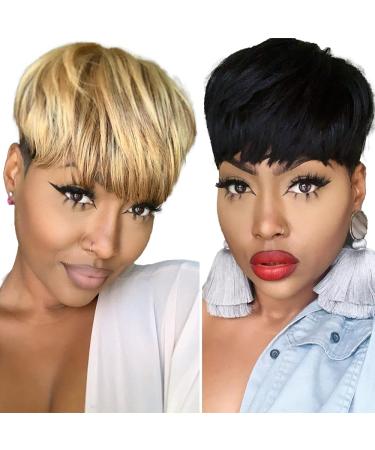 Alcobi Pixie Cut Human Hair Wig for Black Women - Short Bob with Bangs, Black/Brown Highlights - 8 Inch Non Lace Wig - Buy Online on GoSupps.com