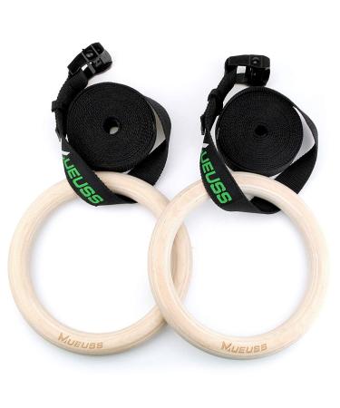 MUEUSS Gymnastic Rings Wooden Gym Rings with Adjustable Straps, Fitness Rings, Exercise Rings, Heavy Duty Gym Equipment for Training Workout, Strength Training, Gymnastics, Olympic Inside diameter 8"