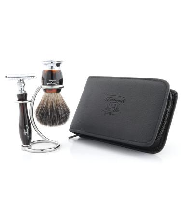 Safety razor set with stainless steel razor holder stand badger hair shaving brush for men pure leather bag
