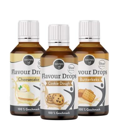 Borchers Flavor Drops Tasting Package |1 x cheesecake cookie Dough and butter biscuit |3 x 30 ml |0 calories |Sweet fabric liquid |For cooking and baking |For drinks