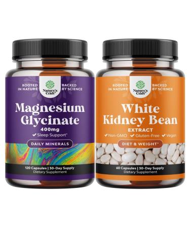 Bundle of Pure Magnesium Glycinate Supplement 400mg Per Serving for Mood Sleep and Relaxation Support and White Kidney Bean Extract Carb Blocker for Metabolism Boost & Ease Calories from Starchy Food