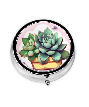 Cartoon Succulentsround Pill Box 3 Compartment Round Pill Box Organizer &Portable Travel Pill Box for Traveling.