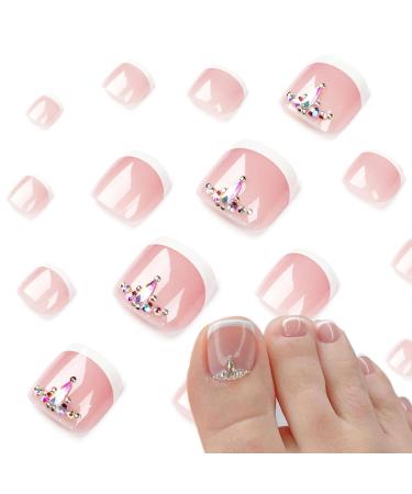Press on Toenails Pink Short Square Removable Fake Toenails with Rhinestones 24Pcs French False Toenails for Women Girls Pink French