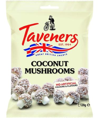 Taveners Coconut Mushrooms 120g Bags Great British Sweets Gluten free Dairy free (120g per pack) Pack of 4 - Buy Online on GoSupps.com
