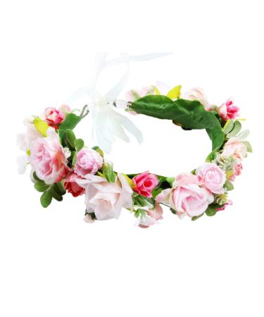 Brikuinr Flower Halo Floral Crown Wreath Boho Flower Headband Hair Wreath Hair Garland Floral Headpiece with Ribbon Wedding Party Festival