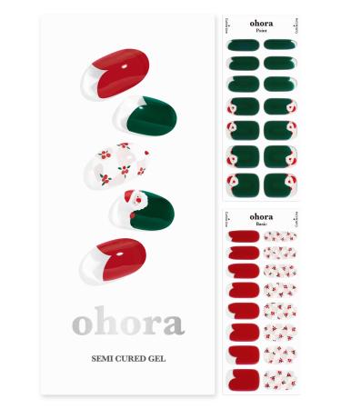 ohora Semi Cured Gel Nail Strips (N My Mittens) - Red/Green Patterned Works with UV/LED Lamps Salon-Quality Long Lasting Easy to Apply & Remove - Includes 2 Prep Pads Nail File & Wooden Stick