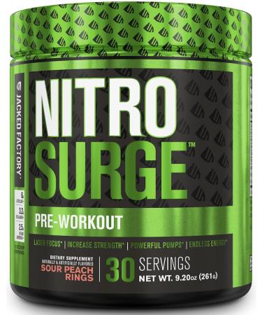 NITROSURGE Pre Workout Supplement - Endless Energy  Instant Strength Gains  Clear Focus  Intense Pumps - Nitric Oxide Booster & Powerful Preworkout Energy Powder - 30 Servings  Sour Peach Rings Sour Peach Rings 30 Servin...