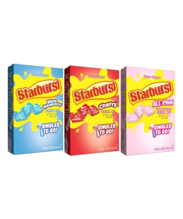 Star-burst Drink Mix All Pink Strawberry Cherry and Blue Raspberry Singles to go Zero Sugar Juice Drink Mix Low Calorie Drinks 3 Boxes with 6 Packets Each (Pack of 3)