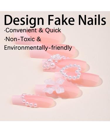 Press on Nails - Medium Square Love Heart Pearl - 24Pcs Reusable French Fake Nails with Flower & Bow Tie Design - Artificial Acrylic Coffin Nails for Women - Buy Online on GoSupps.com