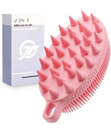 FREATECH 2-in-1 Silicone Body Scrubber - Bath Shower Body Brush and Shampoo Brush Scalp Massager Exfoliator, Deep Cleanse Skin & Hair, Lathers Well, Easy to Clean and Long-Lasting, Pink