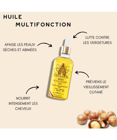 Organic Macadamia Oil - 100% Pure and Natural - Care for all skin types - Care for dry and damaged skin - Virgin and pure - 100 ml Pipette - French brand - Essentioil - Buy Online on GoSupps.com