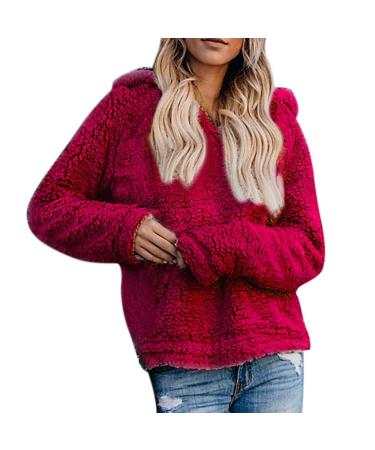 Bigfanshu Women's Sweaters Casual Fleece Long Sleeve Pullover Blouse Shirts Sweatshirt Red