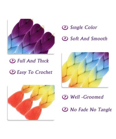 Ombre Rainbow Braiding Hair Extensions 24 Inch - 3 Pack Synthetic Jumbo Braiding Hair for Women - Purple/Blue/Yellow/Orange - High Temperature Twist Crochet Braids - Buy Online on GoSupps.com
