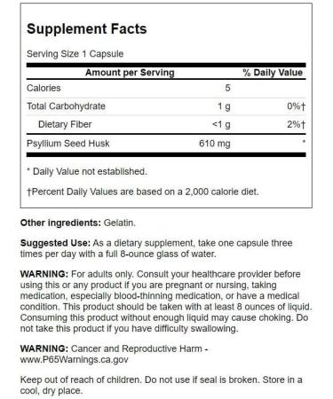 Swanson Psyllium Husk 610mg | 300 Capsules Dietary Fiber Supplement - Buy Online on GoSupps.com