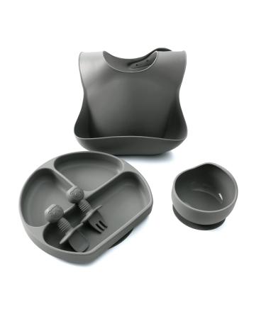 5Pcs Baby Weaning Set Silicone Baby Feeding Set Including Suction Bowl Spoon & Fork Baby Divided Plate Adjustable Bib for Kids and Toddler (Olive Green)