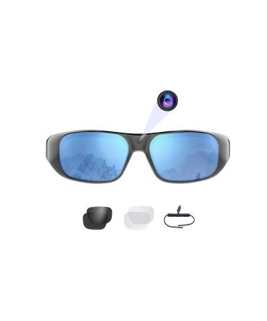 OhO 64GB Camera Glasses,1080P Full HD Smart Glasses with UV400 Sunglasses Lens with IP44 Waterproof for Outdoor Sport Black 3-Blue Lens-64GB