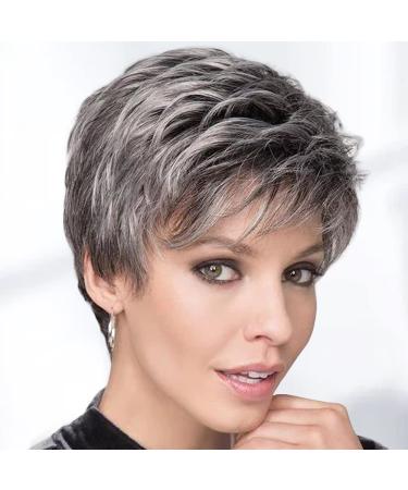 MaxlaceWig Pixie Cut Short Gray Wigs for White Women  Sassy Short Haircuts for Older Lady  Mixed Black Grey Highlight Synthetic Wig with Bangs for Daily Party Use Mixed Gray and Black