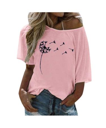 Ppanguding Women Good T-Shirt Summer Mode Off Shoulder Rainbow Bring on the Sunshine Pattern Shirt Shirt Short Arms Tops Blouse Graphics Print Tea Tops S Pink-C