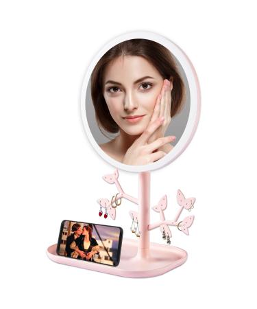 Portable Makeup Mirror with Lights Young Teenger Girl Gift  Rechargeable Lighted Vanity Mirror with Phone Holder and Jewelry Storage 3 Color Lighting Modes Cosmetic Beauty Mirror with Touch Control