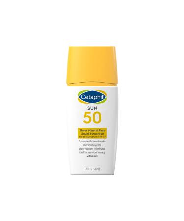 Cetaphil Sheer 100% Mineral Liquid Sunscreen for Face With Zinc Oxide Broad Spectrum SPF 50 Formulated for Sensitive Skin, Unscented, 1.7 Fl Oz SPF 50 Liquid Drops