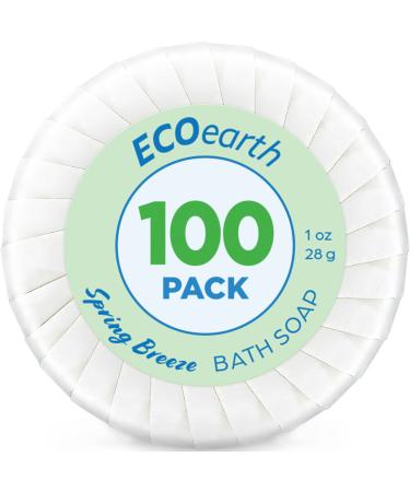 EcoEarth Hotel Soap Bars (Spring Breeze 1 oz 100 Pack) Travel Size Luxury Bulk Amenities Bar Soap Small Individually Wrapped Round Soap Mini Toiletries for Airbnb Motel Guest Bath