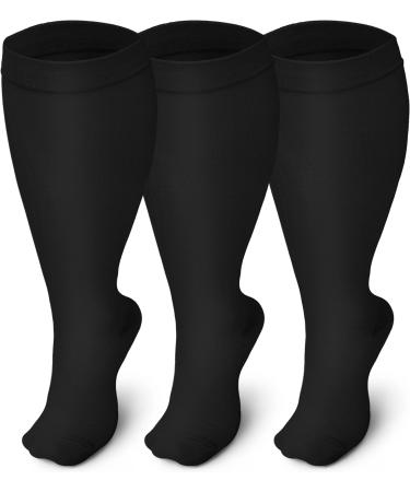 Gcbiger 3 Pairs Plus Size Compression Socks (20-30 mmHg) for Women & Men Wide Calf Extra Large Knee High Stockings 3XL Plus Black