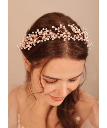 BERYUAN Women Pearls Wedding Headband Pearls Bridal Hair Accessories Princess Wedding Hairpiece Pearls Wedding Hair Vine for Women Girls (gold)