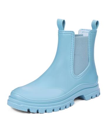 DKSUKO Women's Short Rain Boots Rubber Waterproof Garden Boots Elastic Slip On Ankle Chelsea Boot Fashion Insulated Rain Shoe for Outdoor Work Thick Sole 7 Sky Blue