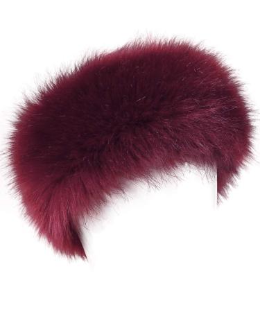 FHQHTH Faux Fur Headband with Elastic for Women Winter Earwarmer Ski Cold Earmuff Wine Red