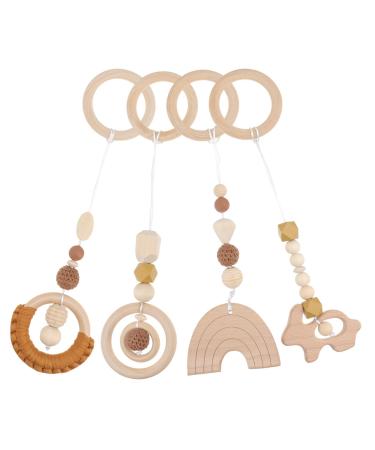 KESYOO 4Pcs Hanging Baby Wooden Toys Baby Play Gym Toys Wood Teether Rings Baby Activity Nursing Game Gym Rattle Pendant Toy Newborn Crib Toy Sense Sensory Toys Light Brown