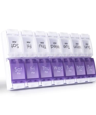 Am Pm Pill Organizer 7 Day 2 Times a Day, MERICARGO Large Weekly Pill Box, Push Button Daily Pill Case for Vitamin, Fish Oil, Supplements 2 Times a Day(Very Peri+Clear)