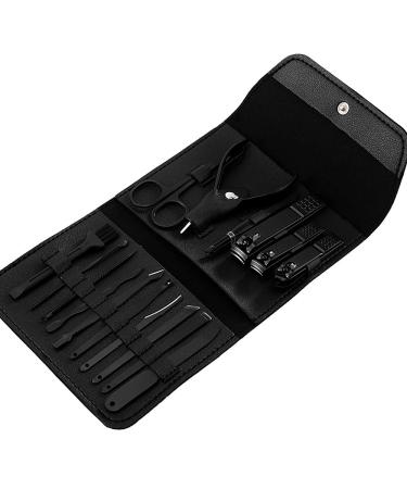 Grendly 16 Piece Nail Clippers Set Stainless Manicure Cutter Tool Pedicure Nail Scissors Ear with Leather Bag - Black