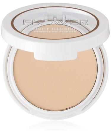 Flower Beauty Light Illusion Perfecting Powder - Pressed Powder Face Makeup  Buildable Medium Coverage with Blurring Pigments  Includes Mirror & Sponge (Beige)