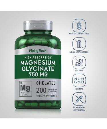 Piping Rock Magnesium Glycinate Capsules | 750mg | 200 Pills | Chelated Supplement | High Absorption | Non-GMO and Gluten Free - Buy Online on GoSupps.com